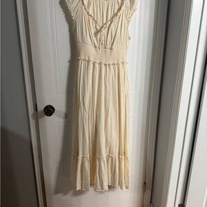 Chic Blue Midi Dress with Flowy Skirt and Lace Details